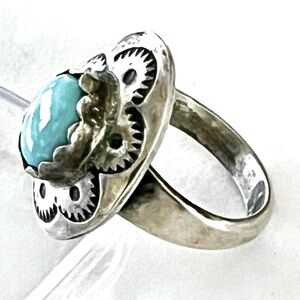 Signed, Southwestern Stamped Turquoise Sterling Silver Ring